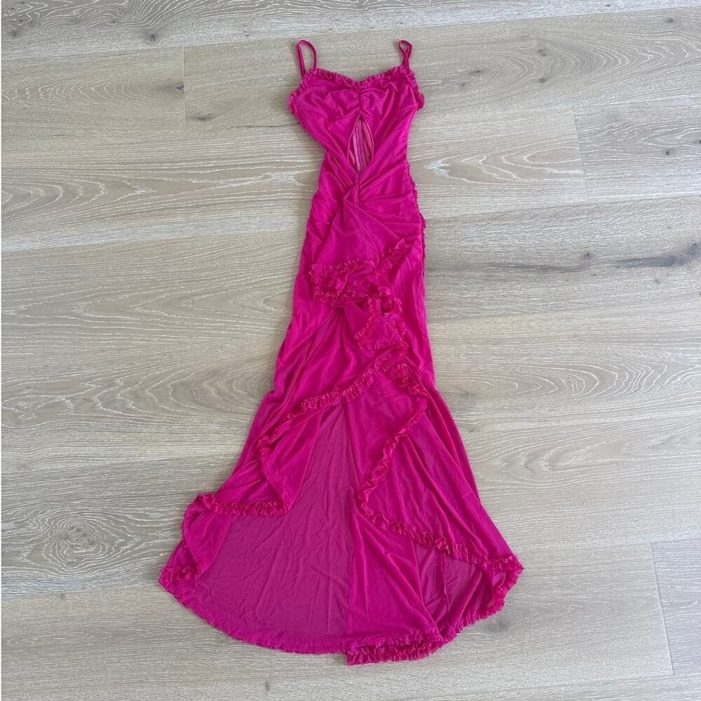 Boohoo Maxi Dress Cut Out Ruffle Trim Size US 4 Pink